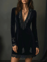 Retro Black Velvet Embroidered Lace Trim Mini Dress