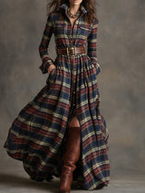 Retro plaid lapel long-sleeved maxi dress (including belt)