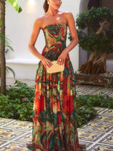 Colorful lava print off-the-shoulder pleated dress