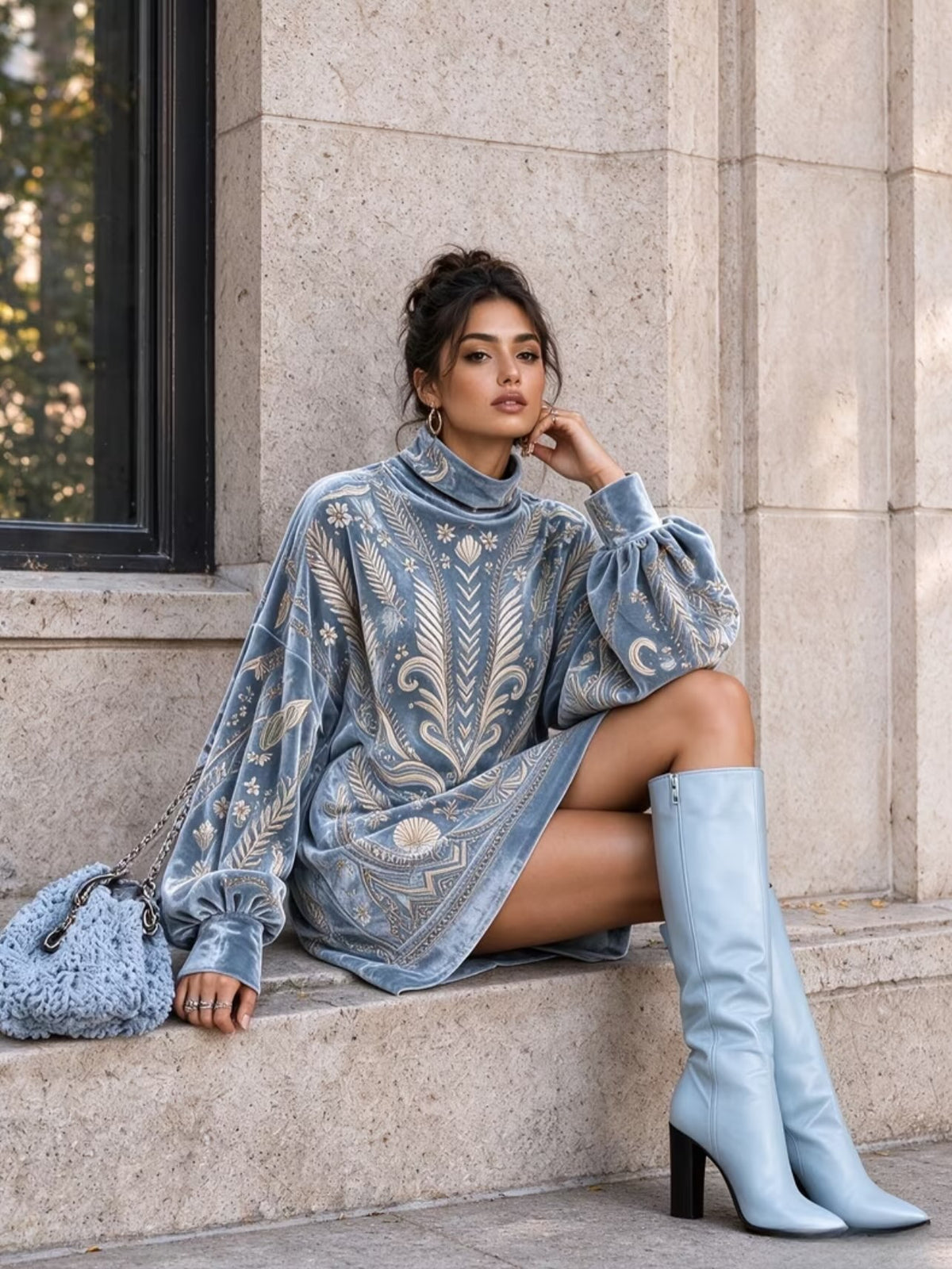 Vintage Print Velvet Turtleneck Mini Dress