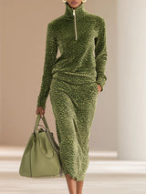 Retro Leopard Print Stand Collar Velvet Top + Skirt Set