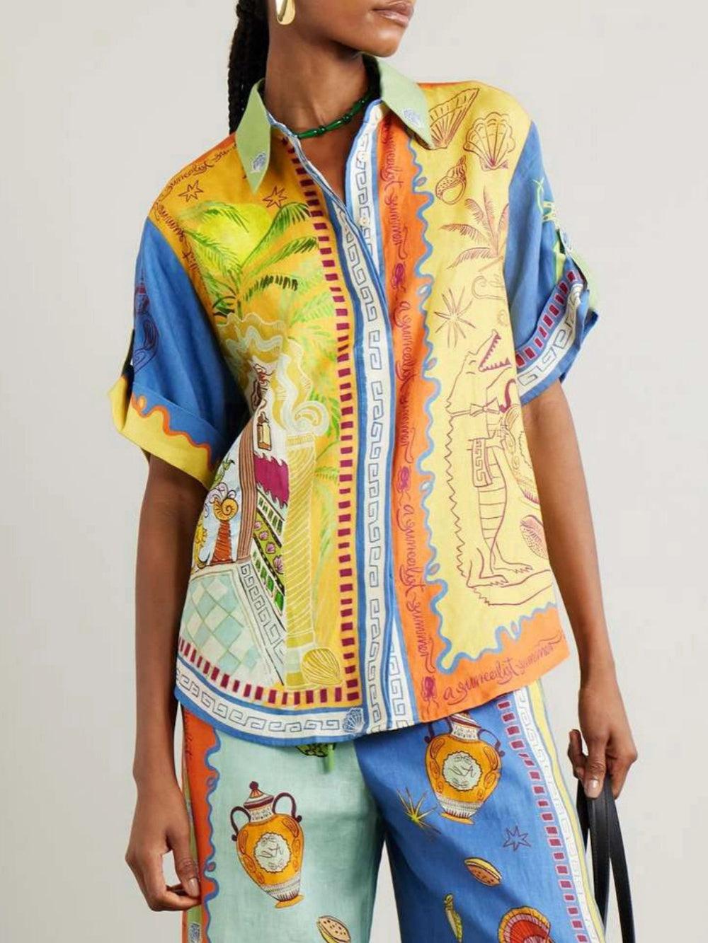 Summer Fantasy Print Short Sleeve Loose Top + Pants Set