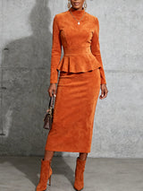 Simple suede stand-up collar top and skirt set