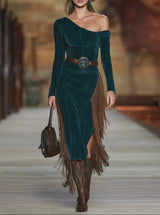 Western Green Faux Suede One-Shoulder Tassel Dress