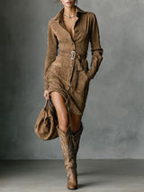 Suede Single Breasted Lapel Long Sleeve Midi Dress（Includes belt）
