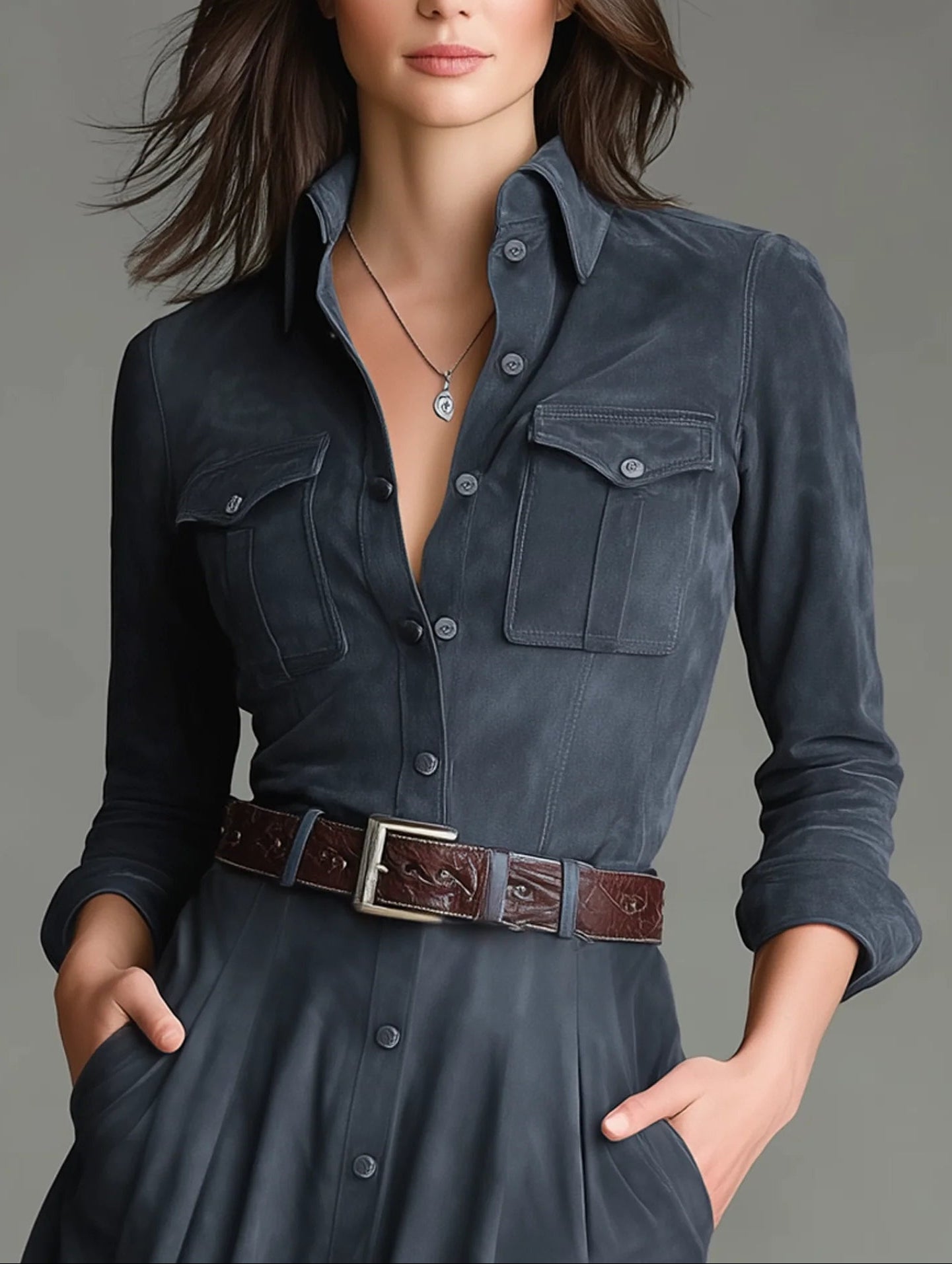 Faux suede shirt collar single-breasted belted floor-length dress(Includes belt)