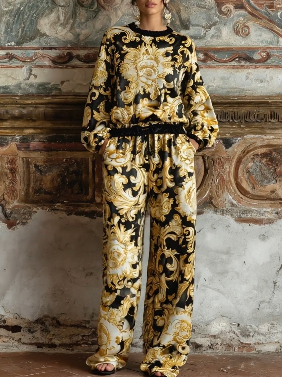 Baroque Floral Print Long-sleeved Top And Wide-leg Pants Loungewear Set