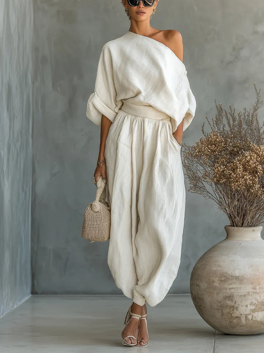 Off-white Linen Off-shoulder Loose Casual Top And Tapered Pants Set