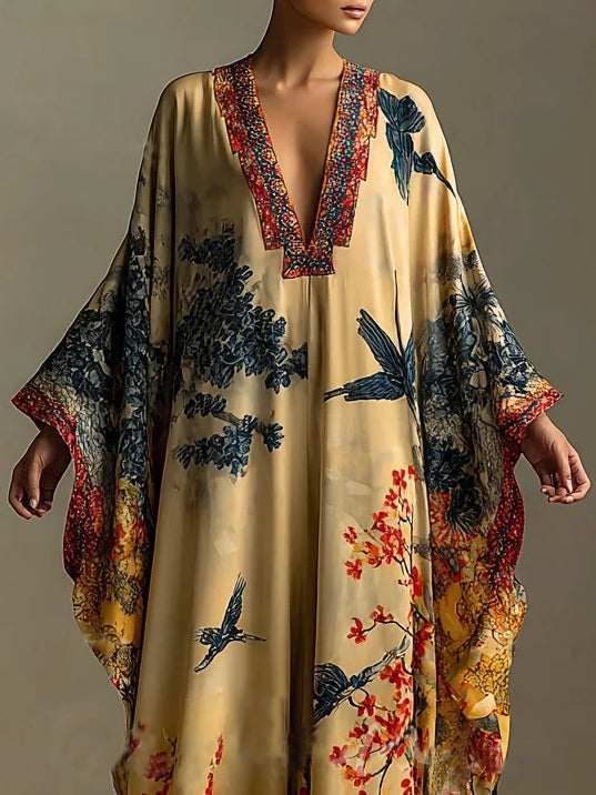 Red Maple Blossom And Bird Art Print Batwing Sleeve Long Robe Dress