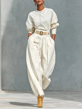 Off-white Crew Neck Long-sleeved Shirt And Loose-fitting Trousers Suit(with belt)