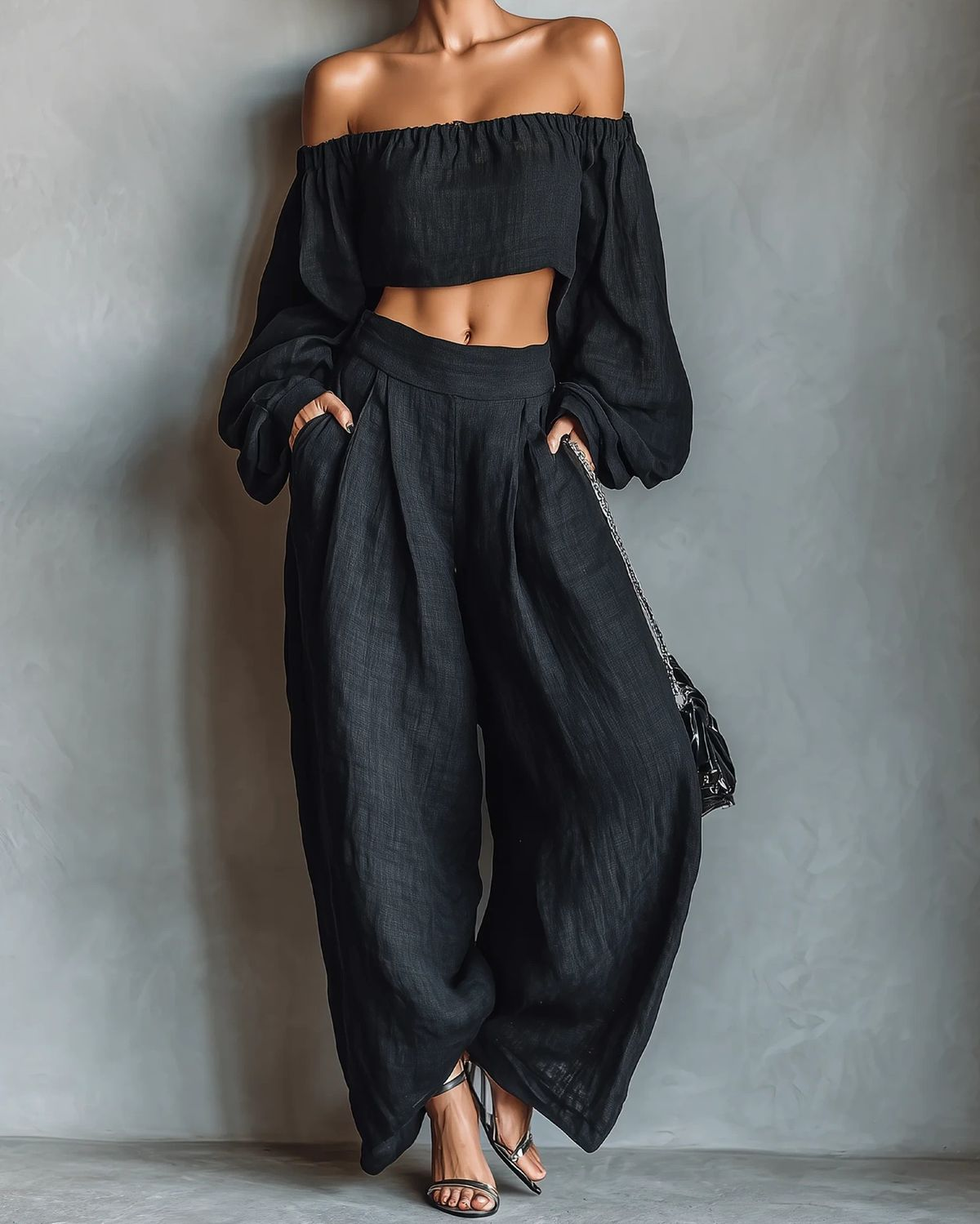 Black Off-the-shoulder Long-sleeved Top And Wide-leg Pants Set