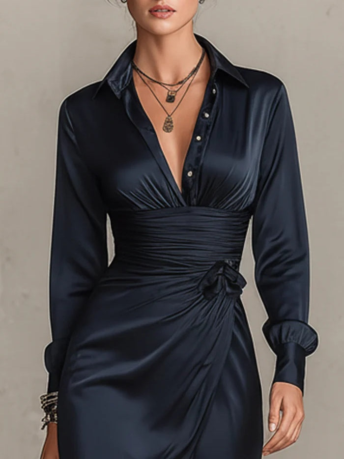 Navy Blue Satin Shirt Collar Pleated Tie Mini Dress