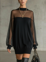 Black Sheer Mesh Sleeve High‑Neck Mini Dress