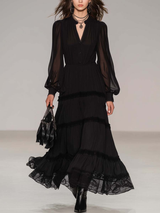 Black Henley Collar Sheer Sleeves Lace Trim Maxi Dress