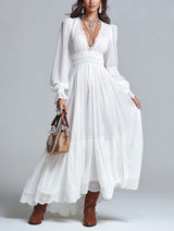 White Lace Trim Fitted Waist Maxi Dress