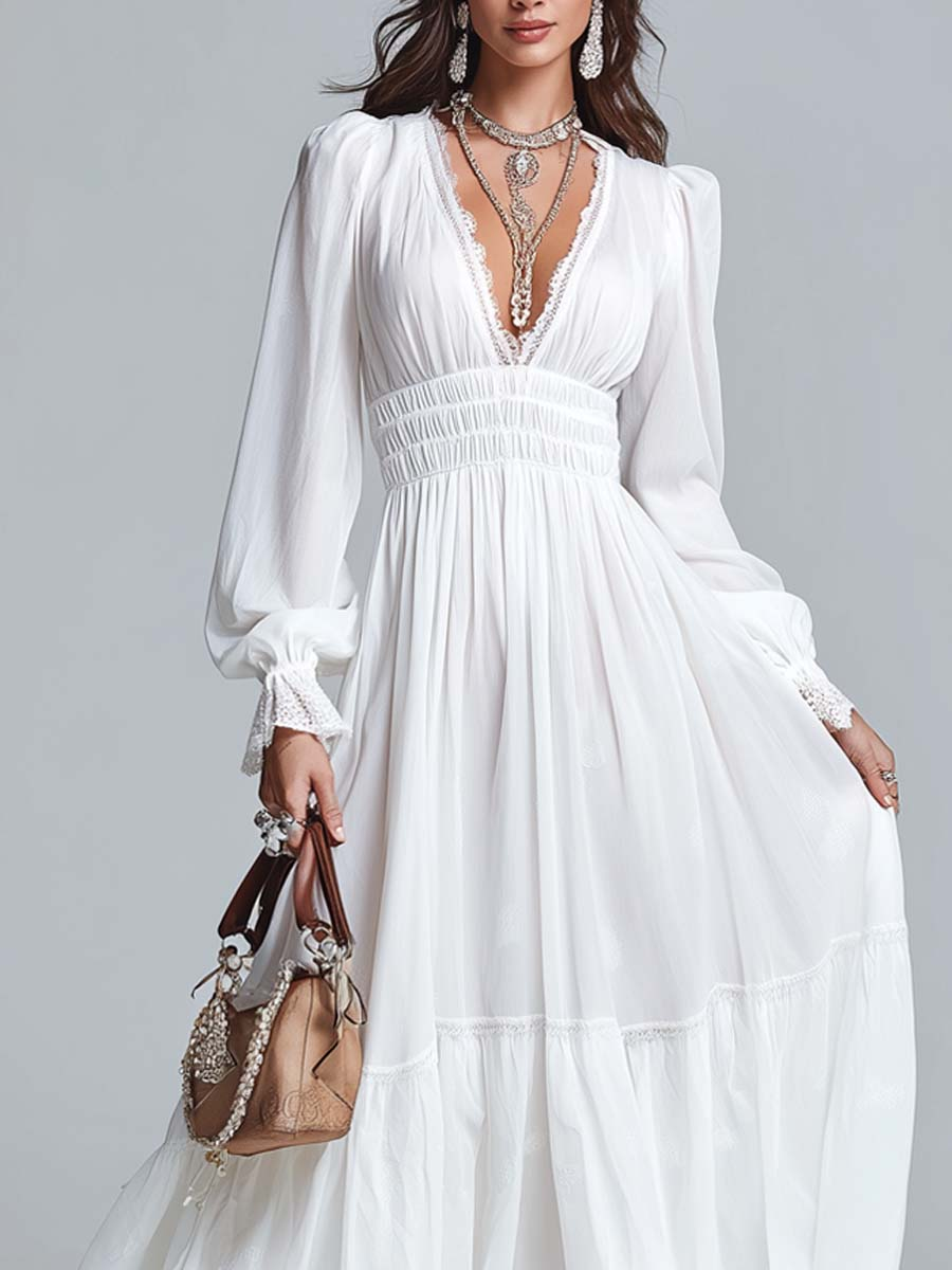 White Lace Trim Fitted Waist Maxi Dress