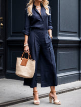 Navy Capri Pants and Loose Shirt Linen Set