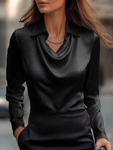 Solid Satin Floral Print Simple Swing Collar Shirt Top