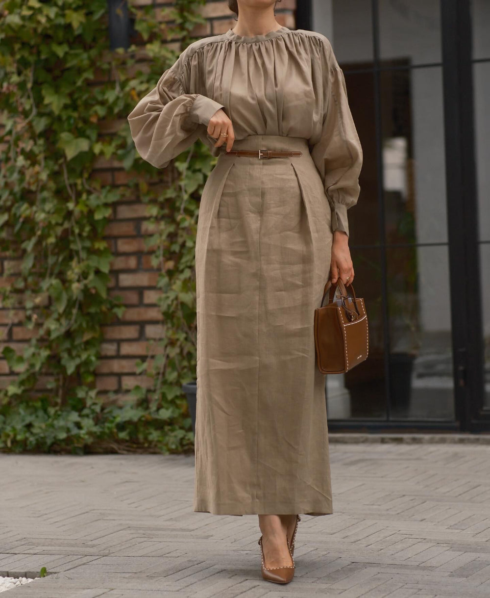 Khaki Elegant Pleated Top and Skirt Two-Piece Set