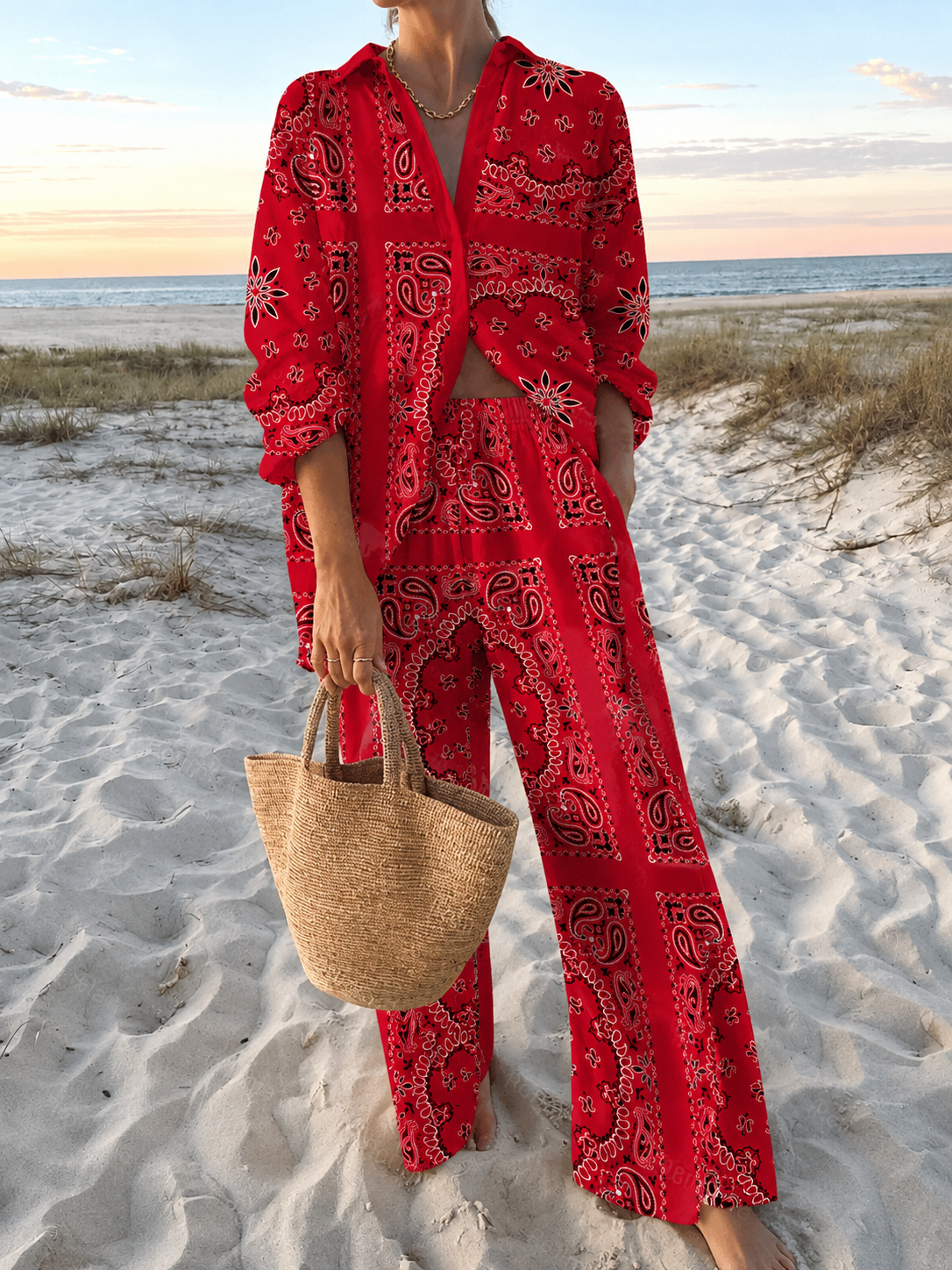 Red Paisley Floral Print Beachwear Shirt And Wide-leg Satin Two-piece Set