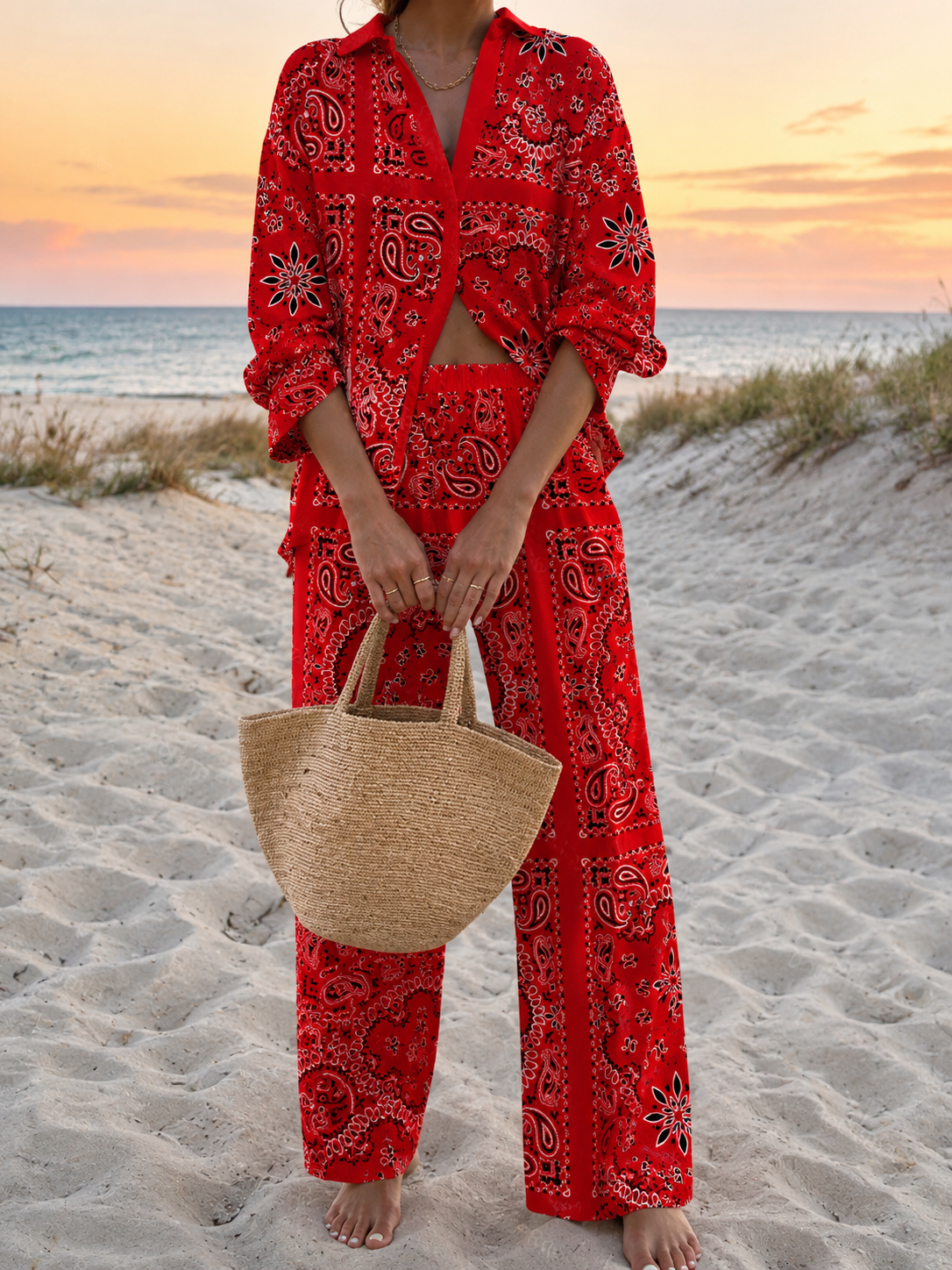 Red Paisley Floral Print Beachwear Shirt And Wide-leg Satin Two-piece Set