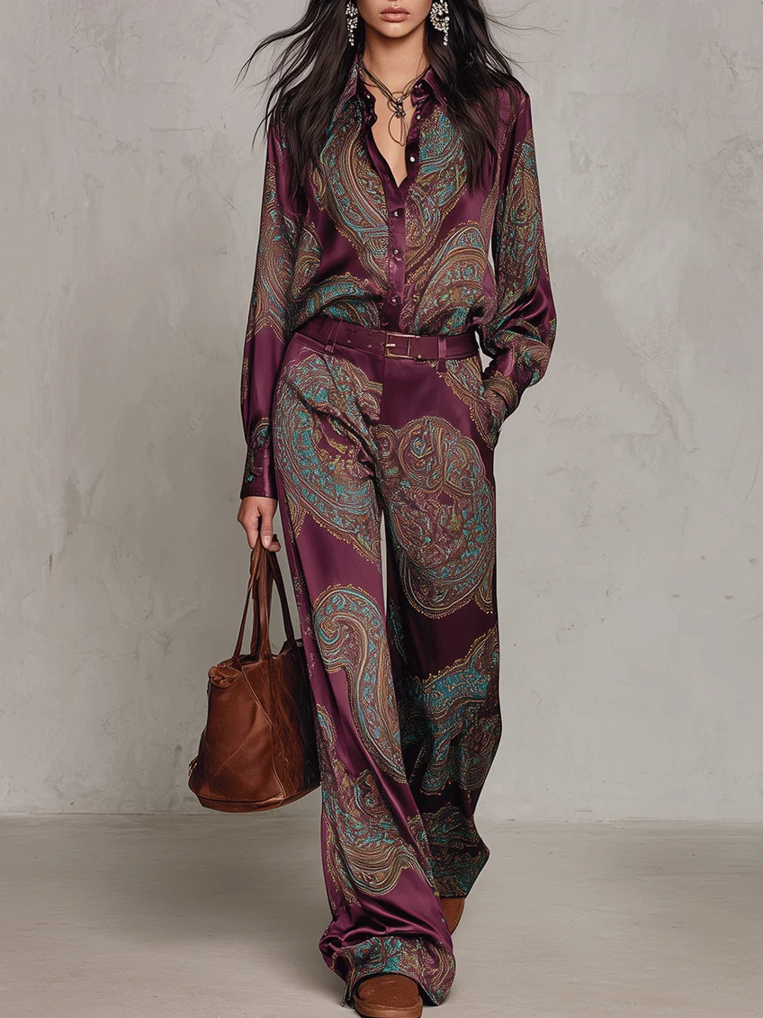 Burgundy Paisley Print Satin Long-sleeve Shirt And Wide-leg Trousers Set (with belt)