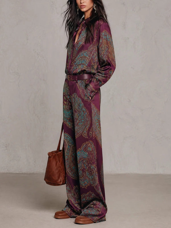Burgundy Paisley Print Satin Long-sleeve Shirt And Wide-leg Trousers Set (with belt)