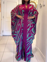 Zebra Print V-Neck Batwing Sleeve Robe Maxi Dress