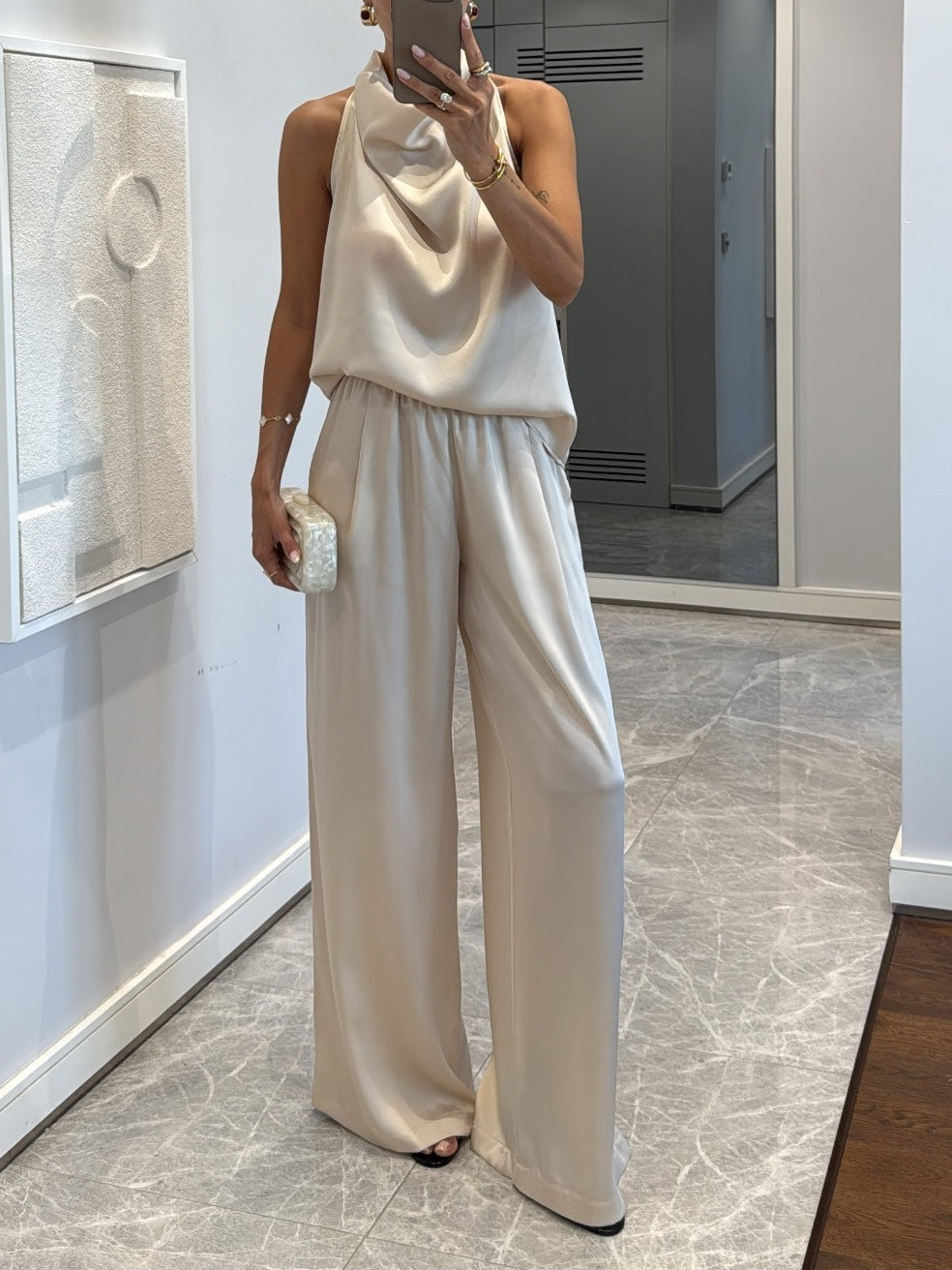 Beige Satin Draped Top and Wide Leg Pants Set