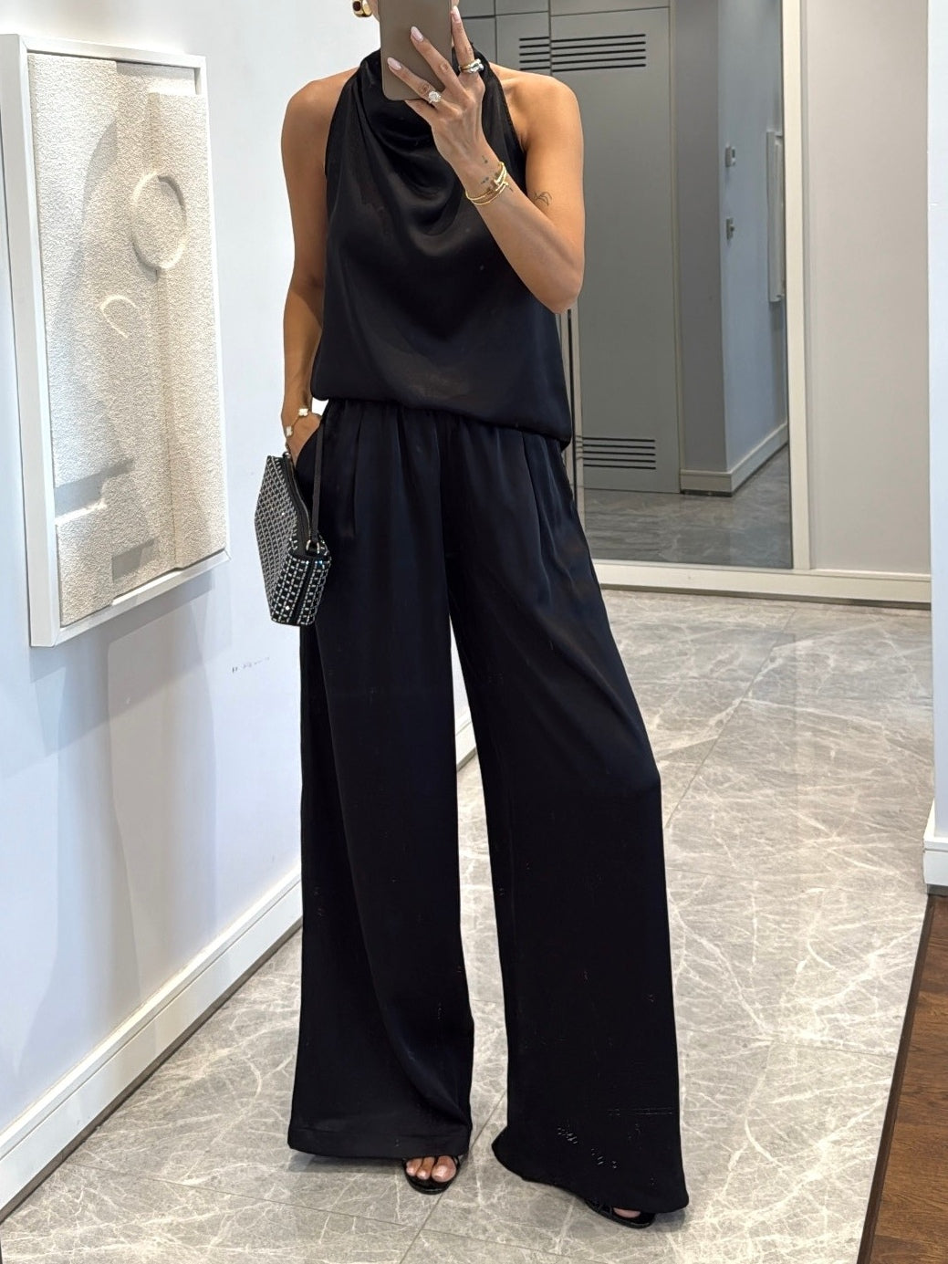 Beige Satin Draped Top and Wide Leg Pants Set