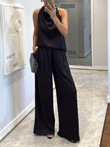 Beige Satin Draped Top and Wide Leg Pants Set