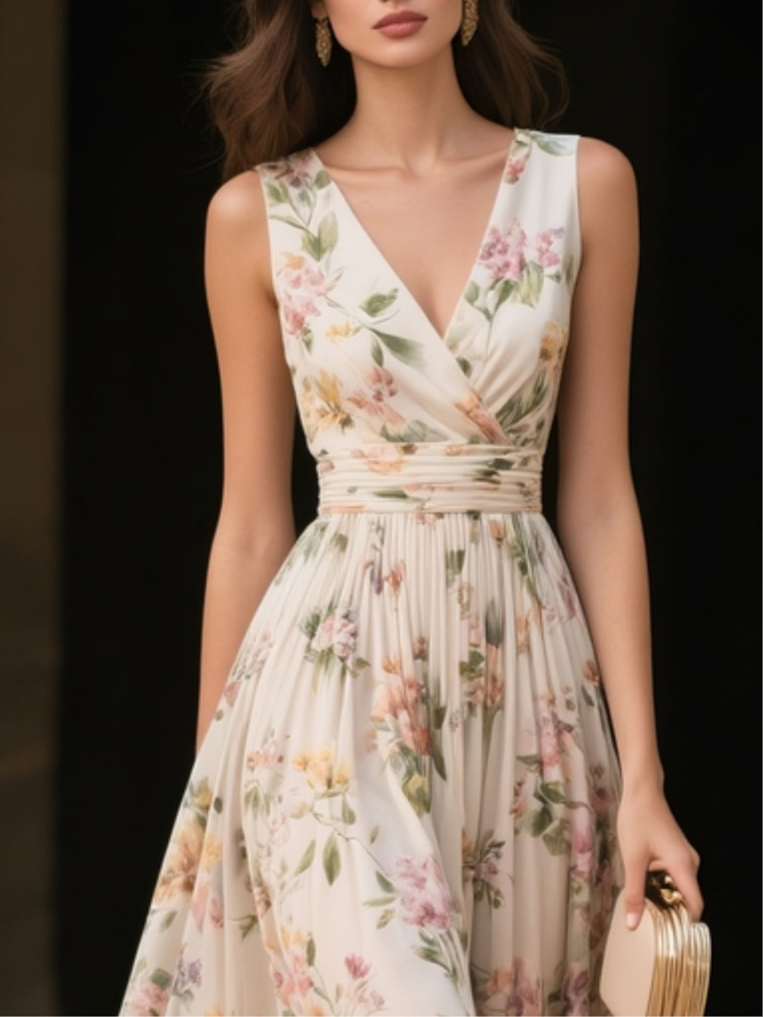 Beige Floral Chiffon V Neck Sleeveless Midi Dress