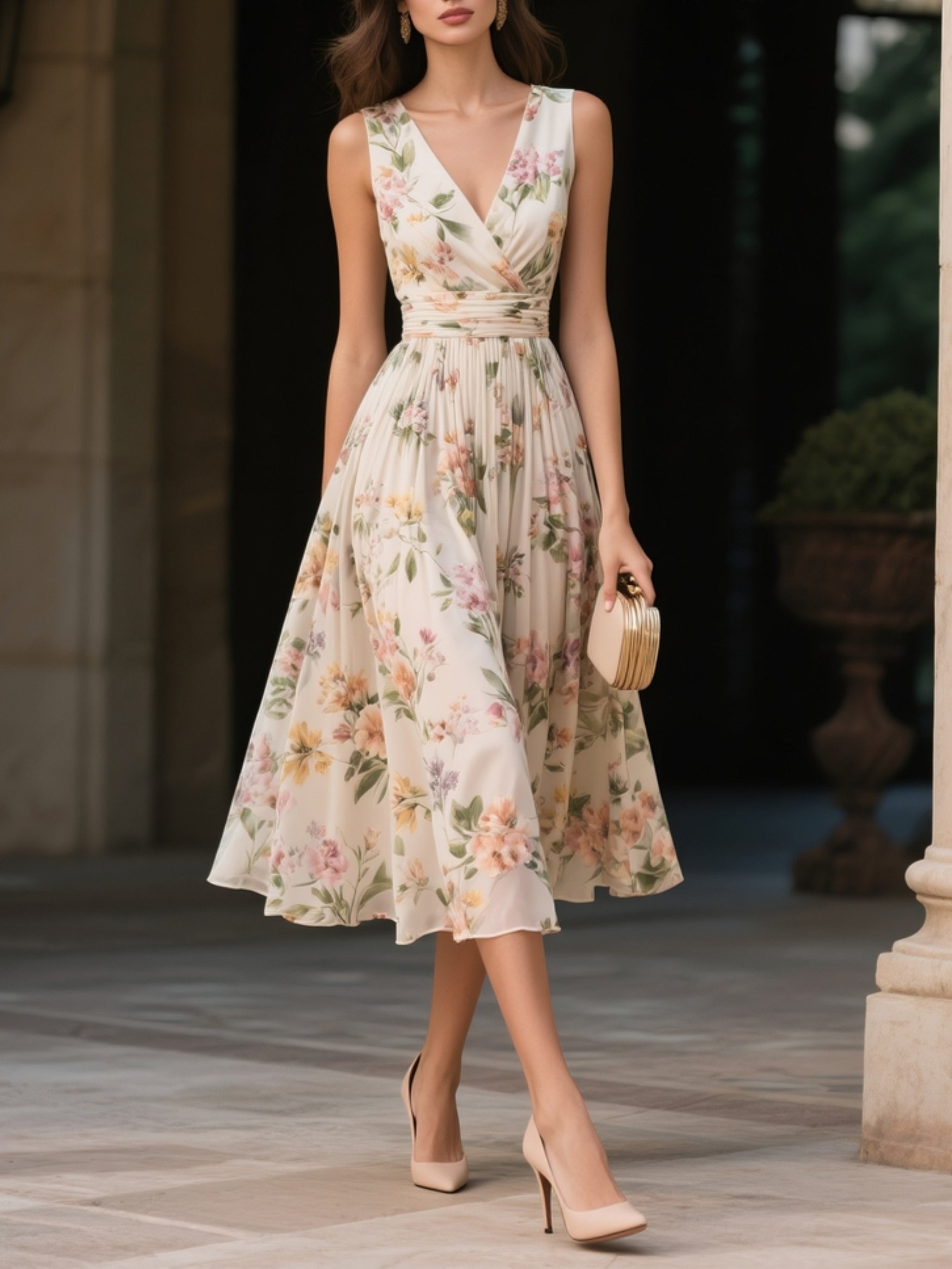 Beige Floral Chiffon V Neck Sleeveless Midi Dress