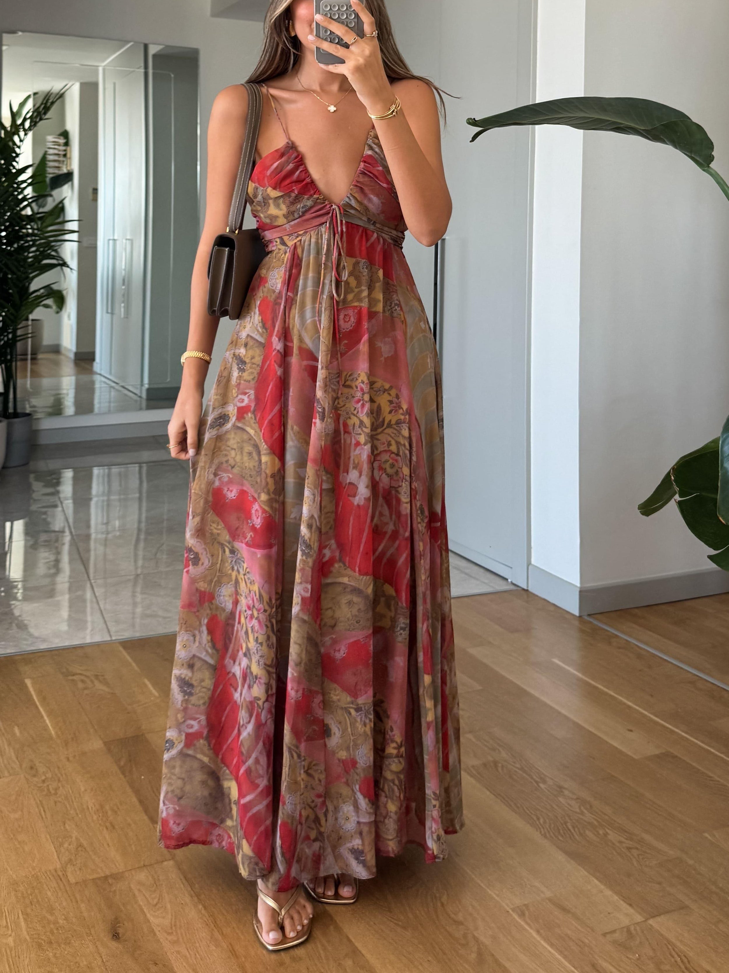 Strapless Deep V Patterned Printed Chiffon Maxi Dress