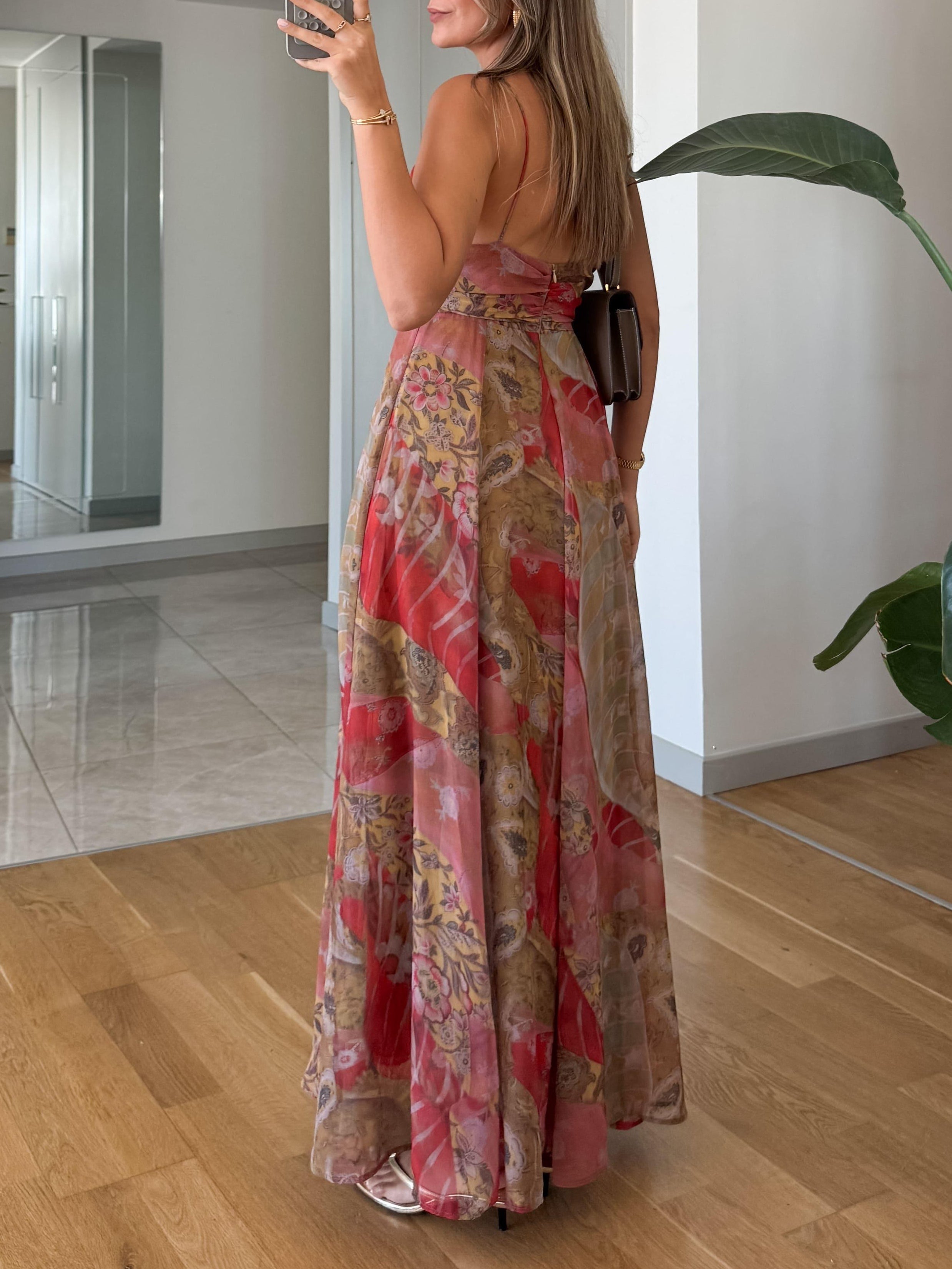 Strapless Deep V Patterned Printed Chiffon Maxi Dress