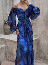 Off-the-shoulder Diamond-embellished Pleated Fitted Slit Maxi Dress