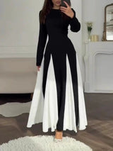 Elegant Black and White Colorblock Round Neck Waist Long Sleeve Dress