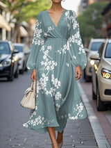 Elegant Floral V-neck Chiffon Pleated Midi Dress