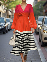 Elegant Geometric Pattern V-neck Chiffon Pleated Midi Dress