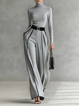 White Trim High-neck Long-sleeved Top With Wide-leg Pants and Belt Set