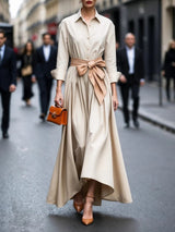 Elegant Long-sleeved Shirt-style Tie Maxi Dress