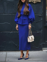 Royal Blue Turtleneck Top And Skirt Two-piece Set