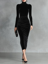 Black Velvet Elegant High-Neck Bodycon Dress