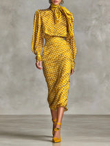 Vintage Satin Polka Dot Print Shirt And Skirt Two-Piece Set