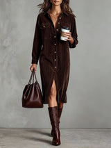 Dark Brown Loose Corduroy Double Chest Pocket Single Breasted Midi Dress