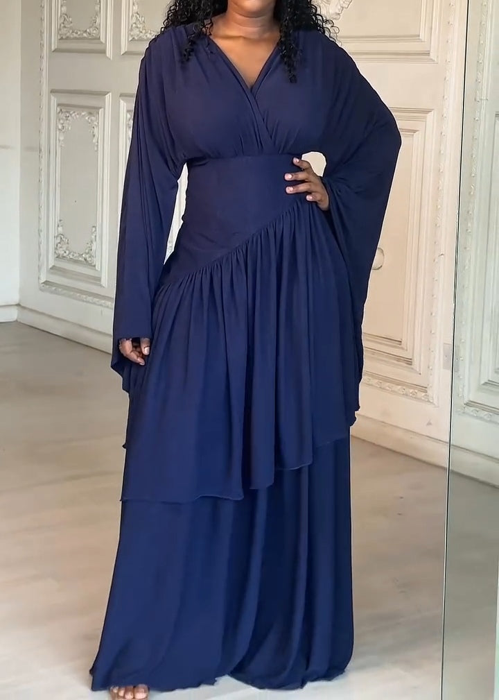 Navy V-neck Long-sleeved Layered Maxi Dress