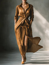 Vintage Brown Blended Lace-Up Shirt Maxi Dress