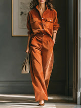 Orange Corduroy Shirt And Pants Two-piece Suit