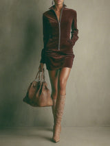 Brown Faux Suede Stand Collar Zipper Mini Dress