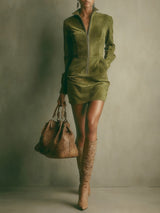 Brown Faux Suede Stand Collar Zipper Mini Dress